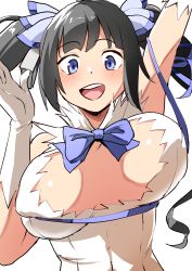 Rule 34 | 1girl, :d, absurdres, black hair, blue bow, blue eyes, blue ribbon, blush, bow, bowtie, breasts, dress, dungeon ni deai wo motomeru no wa machigatteiru darou ka, elbow gloves, gloves, hair ribbon, hestia (danmachi), highres, large breasts, looking at viewer, manno (kanpi2100), open mouth, rei no himo, ribbon, simple background, smile, solo, twintails, unaligned breasts, upper body, white background, white dress, white gloves