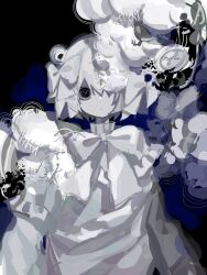 Rule 34 | 1girl, 1other, black background, black eyes, bow, bright pupils, buttons, closed mouth, dot mouth, dress, frilled dress, frilled shirt collar, frills, hair bow, hair over one eye, hair rings, high collar, highres, long sleeves, looking at viewer, monster, neck ribbon, ninomae (nnme 618), original, pale skin, ribbon, short hair, straight-on, stuffing, symbol-shaped pupils, thread, upper body, white bow, white dress, white hair, white pupils, white ribbon, wide-eyed, x-shaped pupils