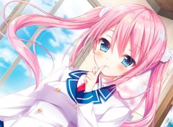 Rule 34 | 1girl, blue eyes, blue sky, blush, day, dutch angle, finger to mouth, indoors, long hair, looking at viewer, official art, pink hair, red neckwear, school uniform, shiwasu horio, sky, smile, solo, twintails, upper body, window