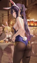 Rule 34 | 1boy, 3girls, animal ears, ass, backless leotard, bad id, bad twitter id, bar (place), bare arms, bare back, bare shoulders, beer mug, black ribbon, blush, breasts, brown pantyhose, cowboy shot, cup, earrings, fake tail, from side, fur collar, genshin impact, gold trim, green eyes, hair ribbon, hand up, highleg, highleg leotard, highres, holding, holding tray, jewelry, leotard, leviathan (hikinito0902), long hair, looking at viewer, lumine (genshin impact), mona (genshin impact), mug, multiple girls, open mouth, pantyhose, playboy bunny, ponytail holder, purple hair, purple leotard, rabbit ears, rabbit tail, ribbon, sideboob, sidelocks, sideways glance, skindentation, small breasts, solo focus, standing, star (symbol), star earrings, strapless, strapless leotard, swept bangs, table, tail, thigh strap, tray, twintails, waitress