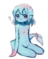 Rule 34 | 1girl, ?, animal ears, blue eyes, blue hair, blue sclera, blush, colored sclera, filet (kai himo), fins, flat chest, gradient hair, head fins, kai himo, looking at viewer, monster girl, multicolored hair, navel, no hands, nude, original, pink hair, red pupils, short hair, simple background, sitting, solo, white background, yokozuwari