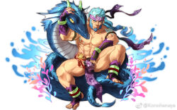 Rule 34 | 1boy, abs, animal, aqua hair, bandaged arm, bandages, bara, beard, body markings, bracelet, bulge, check copyright, copyright request, facial hair, faux figurine, floating clothes, floating hair, full body, headband, horns, jewelry, konohanaya, large pectorals, long hair, magatama, male focus, mature male, muscular, muscular male, navel, nipples, oversized animal, pectorals, pelvic curtain, petting, purple headband, sanpaku, snake, solo, spread legs, stomach, thick eyebrows, thick thighs, thighs, topless male, veins, veiny arms