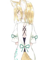 1girl animal_ears ass back black_shirt blonde_hair closed_eyes commentary_request corked_bottle cowboy_shot fox_ears fox_girl fox_tail green_ribbon holding holding_test_tube kudamaki_tsukasa medium_hair parted_lips puffy_short_sleeves puffy_sleeves ribbon romper s-a-murai shirt short_sleeves simple_background solo tail test_tube touhou undershirt white_background white_romper yellow_tail