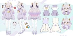 Rule 34 | 1girl, ahoge, bow, character sheet, choker, cowlick, crocs, cube hair ornament, double-parted bangs, garan co, glasses, gradient hair, hair bow, hair ornament, hairclip, henya the genius, henya the genius (2nd costume), highres, hood, hoodie, jacket, multicolored hair, name tag, official art, pantyhose, purple bow, purple choker, purple footwear, purple hair, purple jacket, purple skirt, school uniform, shirt, short twintails, sidelocks, simple background, skirt, sleeves past fingers, sleeves past wrists, twintails, two-tone hair, virtual youtuber, vshojo, wavy hair, white hoodie, white pantyhose, white shirt, yellow bow, yellow eyes