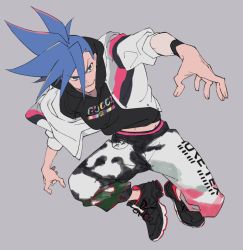 Rule 34 | baggy pants, blue eyes, blue hair, casual, contemporary, foreshortening, galo thymos, gucci, hair between eyes, hood, hood down, hoodie, jacket, long sleeves, male focus, open clothes, pants, promare, shirikon, shoes, sleeves past wrists, smile, sneakers, spiked hair