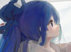 Rule 34 | 1girl, blue eyes, blue hair, from side, hair tie, hood, hoodie, light smile, looking up, profile, riralin, shirt, solo, touhou, white shirt, yorigami shion