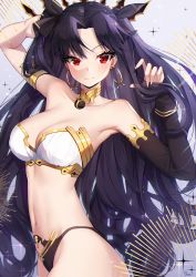 Rule 34 | &gt;:), 1girl, absurdres, ankkoyom, arm up, armlet, armpits, bandeau, bare shoulders, bikini, black bikini, black bow, black hair, blush, bow, breasts, cleavage, closed mouth, collarbone, cowboy shot, detached collar, detached sleeves, earrings, eyelashes, fate/grand order, fate (series), grey background, hair bow, highres, hoop earrings, ishtar (fate), jewelry, large breasts, long hair, looking at viewer, mismatched bikini, navel, parted bangs, red eyes, signature, simple background, single detached sleeve, smile, solo, sparkle, stomach, strapless, strapless bikini, swimsuit, two side up, v-shaped eyebrows, very long hair, white bikini, wide hips