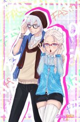 Rule 34 | 1boy, 1girl, bed, blue eyes, crossover, elsa (frozen), glasses, hipster, jack frost (rise of the guardians), white hair