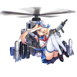Rule 34 | 1girl, agm-114 hellfire, agm-65 maverick, air-to-surface missile, ammunition, ammunition belt, ammunition box, anti-tank guided missile, anti-tank missile, armpits, belt-fed, blue sailor collar, blue skirt, blush, elbow gloves, game cg, gloves, grin, gun, hair between eyes, hair ribbon, hat, highres, last origin, loafers, looking at viewer, machine gun, midriff, missile, mr.yun, official art, panties, pleated skirt, precision-guided munition, propeller, ribbon, sailor, sailor collar, sailor hat, salute, shoes, skirt, smile, smug, solo, striped clothes, striped panties, surface-to-surface missile, tachi-e, thetis (last origin), thighhighs, transparent background, twintails, underwear, weapon, white thighhighs