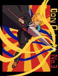 Rule 34 | 1girl, black coat, black pants, blonde hair, brown footwear, character name, closed mouth, coat, collared shirt, don quixote (project moon), highres, holding, holding polearm, holding weapon, jay (usachxxn), lance, limbus company, long sleeves, necktie, orange eyes, pants, polearm, project moon, red necktie, shirt, short hair, smile, solo, sparkling eyes, weapon, white shirt