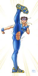 Rule 34 | 1girl, alternate costume, bbc-chan, blush, bodysuit, bracelet, capcom, chun-li, crotch cutout, double bun, embarrassed, fat mons, fighting stance, hair bun, highres, jewelry, leg up, pussy, pussy juice, shoes, sneakers, street fighter, torn clothes, uncensored, wardrobe malfunction