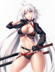 Rule 34 | 1girl, ahoge, bikini, black bikini, black choker, black gloves, breasts, choker, cleavage, closed mouth, cowboy shot, fate/grand order, fate (series), frown, gloves, gradient background, groin, halterneck, hand on own hip, highres, jeanne d&#039;arc alter (swimsuit berserker) (fate), jeanne d&#039;arc (fate), jeanne d&#039;arc alter (fate), jeanne d&#039;arc alter (swimsuit berserker) (fate), katana, large breasts, legs apart, long hair, looking at viewer, navel, o-ring, o-ring bikini, o-ring bottom, o-ring top, sheath, sheathed, shrug (clothing), sleeves past elbows, solo, stomach, swimsuit, sword, takanashi-a, thighs, v-shaped eyebrows, very long hair, weapon, white hair, yellow eyes