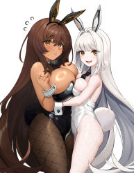 Rule 34 | 2girls, 777 (nikke), absurdres, animal ears, ascot, asymmetrical docking, bare shoulders, black ascot, black bow, black bowtie, black leotard, black pantyhose, blanc (nikke), blossomsa, bow, bowtie, breast press, breasts, brown hair, closed mouth, commentary request, dark-skinned female, dark skin, detached collar, eyebrows hidden by hair, fake animal ears, fake tail, fang, fishnet pantyhose, fishnets, flying sweatdrops, goddess of victory: nikke, hair intakes, heart, heart tattoo, highres, large breasts, leotard, long hair, looking at viewer, lower teeth only, medium breasts, multiple girls, noir (nikke), open mouth, pantyhose, playboy bunny, rabbit ears, rabbit tail, siblings, simple background, sisters, skin fang, strapless, strapless leotard, tail, tattoo, teeth, very long hair, white background, white hair, white leotard, wrist cuffs, yellow eyes