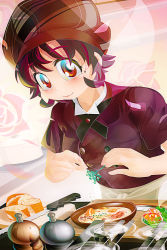 Rule 34 | 1girl, absurdres, amoretta (yukiman), black hair, blush, bread, bread knife, breasts, brown eyes, buttons, chef, chef hat, closed mouth, commentary request, cooking, double-breasted, food, hat, herb, highres, holding, jacket, knife, looking at viewer, medium breasts, mole, mole under eye, multicolored hair, original, pepper shaker, pot, purple jacket, red hair, short hair, smile, solo, stew, streaked hair, two-tone hair, upper body, virtual youtuber, yukiman
