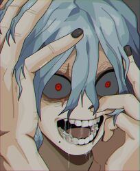Rule 34 | 1boy, black nails, boku no hero academia, colored sclera, grey hair, grey sclera, highres, looking at viewer, male focus, medium hair, messy hair, mole, mole under mouth, open mouth, red eyes, scar, scar across eye, scar on face, scar on mouth, scribbora, shigaraki tomura, wrinkled skin