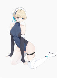 Rule 34 | 1girl, absurdres, arm support, between legs, blonde hair, blue archive, blue eyes, boots, earpiece, elbow gloves, fingerless gloves, full body, gloves, hair bun, halo, hand between legs, highleg, highleg leotard, highres, kuyoumi, leotard, seiza, single thigh boot, single thighhigh, sitting, sleeveless turtleneck leotard, thigh boots, thigh strap, thighhighs, toki (blue archive), two-tone leotard