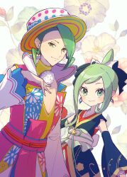 Rule 34 | 1boy, 1girl, anidf, blush, bow, choker, closed mouth, commentary request, creatures (company), detached sleeves, earrings, eyelashes, game freak, green eyes, green hair, hair bow, hand up, hat, highres, japanese clothes, jewelry, kimono, lisia (new year&#039;s 2023) (pokemon), lisia (pokemon), nintendo, official alternate costume, pokemon, pokemon masters ex, sash, smile, uncle and niece, wallace (new year&#039;s 2024) (pokemon), wallace (pokemon), white sash, yellow choker