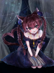 Rule 34 | 1girl, animal ears, bare shoulders, black dress, blush, bow, bracelet, braid, breasts, cat ears, cleavage, dress, earrings, extra ears, hair bow, heart, heart tail, jewelry, kaenbyou rin, kneeling, long hair, looking at viewer, multiple tails, nekomata, off-shoulder dress, off shoulder, perpetual snow, red hair, sky, smile, solo, space, star (sky), starry sky, starry sky print, tail, touhou, twin braids, two tails, v arms