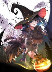 Rule 34 | bat (animal), belt, blue eyes, breasts, broom, broom riding, candy, chain, feathers, flying, food, halloween, hat, highres, hololive, hololive english, hourglass, jack-o&#039;-lantern, large breasts, magic, moon, night, night sky, open mouth, ouro kronii, outdoors, potion, robe, skull, sky, smile, tree, unstableboiler, virtual youtuber, witch, witch hat