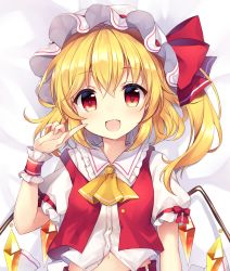 Rule 34 | 1girl, blonde hair, blush, bow, crystal, dakimakura (medium), fang, flandre scarlet, frilled shirt collar, frills, hat, highres, index finger raised, looking at viewer, lying, medium hair, mob cap, navel, on back, one side up, open mouth, puffy short sleeves, puffy sleeves, red bow, red eyes, red vest, ruhika, shirt, short sleeves, smile, solo, touhou, upper body, vest, white hat, white shirt, wings, wrist cuffs, yellow neckwear