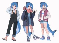 Rule 34 | 1girl, azuumori, bandaid, bandaid on leg, black gloves, black jacket, black overalls, blue footwear, blue hair, blue overalls, drawstring, fingerless gloves, fins, fish tail, flip-flops, gloves, grey shorts, hand on own hip, hand up, highres, hood, hood down, hoodie, jacket, long sleeves, mako (azuumori), medium hair, multicolored hair, multiple views, one eye closed, open mouth, original, overall shorts, overalls, parted lips, purple eyes, red scarf, sandals, scarf, shark fin, shark girl, shark tail, shirt, shoes, shorts, simple background, smile, socks, tail, white background, white hoodie, white shirt, white socks
