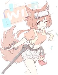 Rule 34 | 1girl, ;d, animal ears, arknights, black choker, brown eyes, choker, clenched teeth, cowboy shot, earclip, flametail (arknights), flametail (sport for all) (arknights), head-mounted display, holding, holding sword, holding weapon, karoro, midriff, navel, official alternate costume, one eye closed, open mouth, ponytail, red hair, red shirt, scabbard, sheath, shirt, shorts, simple background, smile, solo, squirrel ears, squirrel girl, squirrel tail, sword, tail, teeth, thigh strap, unsheathed, weapon, white background, white shorts