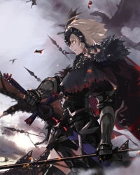 Rule 34 | 1girl, black thighhighs, blonde hair, cape, closed mouth, cowboy shot, dragon, dual wielding, fate/grand order, fate (series), from side, gauntlets, hair ornament, holding, holding sword, holding weapon, jeanne d&#039;arc (fate), jeanne d&#039;arc alter (avenger) (fate), jeanne d&#039;arc alter (fate), kdm (ke dama), outdoors, profile, red cape, scabbard, sheath, smile, solo, standing, sword, thighhighs, unsheathing, weapon, yellow eyes