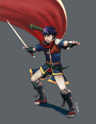 Rule 34 | 1boy, artist name, bandana, belt, blue eyes, blue hair, boots, cape, fighting stance, fingerless gloves, fire emblem, fire emblem: path of radiance, full body, gloves, grey background, ike (fire emblem), male focus, matching hair/eyes, nintendo, red cape, roguetwo, simple background, solo, sword, weapon
