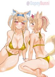Rule 34 | 2girls, absurdres, animal ear fluff, animal ears, arm support, ass, bandaid, bandaid hair ornament, bikini, blonde hair, blue eyes, blue hair, blush, breasts, colored inner animal ears, dog ears, dog girl, dog tail, dopeybunni, fang, feet, fuwawa abyssgard, gold bikini, hair ornament, hairband, highres, hololive, hololive english, horn hairband, large breasts, long hair, looking at viewer, looking back, mococo abyssgard, multicolored hair, multiple girls, navel, pink eyes, pink hair, pink hairband, ponytail, siblings, simple background, sisters, sitting, skin fang, soles, streaked hair, string bikini, swimsuit, tail, twins, twitter username, two side up, virtual youtuber, wariza, white background, yokozuwari