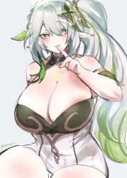 Rule 34 | 1girl, absurdres, aged up, alternate breast size, bare shoulders, blush, breasts, cleavage, cross-shaped pupils, finger to mouth, genshin impact, green eyes, green hair, grey background, hair ornament, highres, huge breasts, kurenaiz (kuayrenaiz), leaf hair ornament, long hair, looking at viewer, nahida (genshin impact), parted lips, pointy ears, ponytail, shushing, simple background, smile, solo, symbol-shaped pupils, thighs, twitter username, white hair