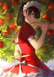 Rule 34 | 1boy, 1girl, absurdres, bare back, black hair, black neckwear, choker, closed mouth, disembodied limb, dress, highres, hojiro (piko519), holding, holding knife, knife, looking at viewer, nose, red dress, short hair, short sleeves, solo focus, tree, yellow eyes