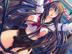 Rule 34 | bdsm, blush, breasts, crepe, closed eyes, long hair, nipples, school uniform, tagme, torn clothes, whip, whipping