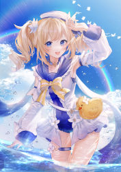 Rule 34 | 1girl, absurdres, animal bag, barbara (genshin impact), barbara (summertime sparkle) (genshin impact), bird, blonde hair, blue eyes, blue one-piece swimsuit, blue sailor collar, bow, cloud, cloudy sky, collar, commentary, detached sleeves, drill hair, frilled collar, frills, genshin impact, highres, in water, jewelry, kity1211 tetsu, long hair, long sleeves, looking at viewer, necklace, ocean, one-piece swimsuit, rainbow, sailor collar, sidelocks, sky, smile, solo, summer, swimsuit, thigh strap, twin drills, wading, water, yellow bow