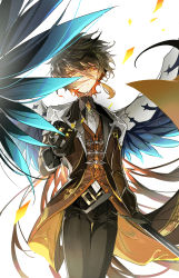 Rule 34 | absurdres, black gloves, black hair, black suit, commentary, earrings, eyelashes, fake wings, feet out of frame, formal, genshin impact, gloves, highres, holding, holding polearm, holding weapon, huge filesize, jewelry, long hair, male focus, multicolored hair, mura karuki, necktie, orange hair, outstretched hand, polearm, ponytail, simple background, single earring, solo, suit, tassel, tassel earrings, two-tone hair, wavy hair, weapon, white background, white necktie, wind glider, wings, yellow eyes, zhongli (genshin impact)