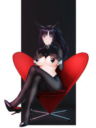 Rule 34 | 1girl, absurdres, azur lane, black footwear, black hair, black pantyhose, blue eyes, breasts, covered erect nipples, cropped jacket, full body, heart pasties, high heels, highres, kii (azur lane), large breasts, leotard, long hair, looking at viewer, meme attire, pantyhose, pasties, playboy bunny, rabbit girl, revealing clothes, reverse bunnysuit, reverse outfit, shrug (clothing), sitting, solo, stomach, wrist cuffs, yuuka6