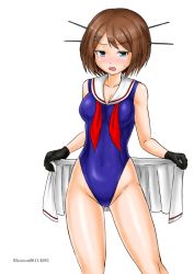 Rule 34 | 1girl, adapted costume, blue one-piece swimsuit, brown hair, casual one-piece swimsuit, commentary request, kantai collection, kudou (ooabareteng), looking at viewer, maya (kancolle), one-hour drawing challenge, one-piece swimsuit, pleated skirt, sailor collar, siim, simple background, skirt, unworn skirt, solo, standing, swimsuit, white background, white sailor collar, white skirt