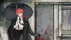 Rule 34 | 1girl, black coat, black necktie, black pants, black umbrella, blood on wall, braid, braided ponytail, breasts, chainsaw man, coat, coat on shoulders, collared shirt, door, formal, highres, holding, holding umbrella, large breasts, long coat, long hair, looking to the side, makima (chainsaw man), necktie, pants, rain, red hair, ringed eyes, sailen0, shirt, sidelocks, solo, suit, umbrella, white shirt, yellow eyes