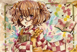 Rule 34 | 1girl, bell, book, brown hair, frilled shirt collar, frills, glasses, highres, holding, holding book, jingle bell, long sleeves, motoori kosuzu, multicolored background, open book, open mouth, painting (medium), purple eyes, round eyewear, sleeves past fingers, sleeves past wrists, solo, teeth, totoki mea, touhou, traditional media, two side up, upper body, upper teeth only, watercolor (medium), wide sleeves