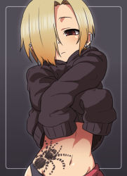 Rule 34 | 1girl, black hoodie, blonde hair, brown eyes, clothes lift, earrings, female focus, gazacy (dai), hair over one eye, highres, hood, hoodie, hoodie lift, idolmaster, idolmaster cinderella girls, jewelry, lifting own clothes, navel, shirasaka koume, sleeves past wrists, solo, tattoo, undressing