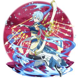 Rule 34 | 1girl, armor, armpits, arrow (projectile), asymmetrical sleeves, black footwear, blue armor, blue eyes, blue hair, blue sleeves, boots, bow (weapon), breastplate, detached sleeves, faulds, full body, gloves, hair between eyes, highres, holding, holding bow (weapon), holding weapon, long skirt, long sleeves, looking at viewer, official art, sidelocks, sinon, skirt, solo, sword art online, sword art online: memory defrag, thigh boots, thighhighs, transparent background, uneven sleeves, weapon, white gloves