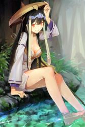 Rule 34 | 1girl, arm support, barefoot, bikini, bikini top only, black hair, breasts, cherry (10013717), cleavage, fate/grand order, fate (series), grin, hat, headpiece, highres, long hair, long sleeves, looking at viewer, medium breasts, plant, red eyes, signature, sitting, smile, soaking feet, solo, staff, swimsuit, tree, water, white bikini, xuangzang sanzang (fate)