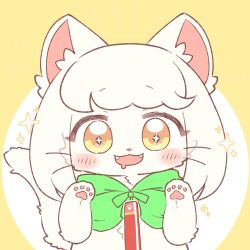 Rule 34 | animal ears, cat, cat ears, cat tail, fluffy, fur, furry, furry female, green ribbon, nana (twitter), open mouth, original, ribbon, simple background, tail, whiskers, white fur, white hair, yellow pupils