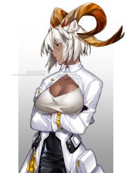 Rule 34 | 1girl, animal ears, arknights, artist name, breasts, carnelian (arknights), cleavage, cleavage cutout, closed mouth, clothing cutout, crossed arms, dark-skinned female, dark skin, deathalice, eyes visible through hair, gradient background, grey background, highres, horns, large breasts, long sleeves, looking to the side, red eyes, short hair, solo, twitter username, two-tone background, white hair