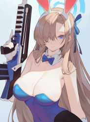Rule 34 | 1girl, animal ears, asuna (blue archive), asuna (bunny) (blue archive), bare shoulders, blue archive, blue eyes, blue leotard, blue ribbon, breasts, brown pantyhose, cleavage, detached collar, elbow gloves, fake animal ears, gloves, grin, gun, hair over one eye, hair ribbon, halo, highleg, highleg leotard, highres, large breasts, leotard, light brown hair, long hair, looking at viewer, mole, mole on breast, official alternate costume, pantyhose, playboy bunny, rabbit ears, ribbon, smile, solo, timbougami, very long hair, weapon, white gloves