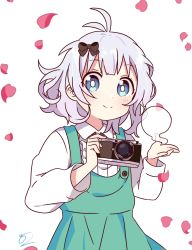 Rule 34 | 1girl, ahoge, black bow, blue eyes, blush, bow, buttons, camera, closed mouth, collared shirt, commentary request, dress, eyes visible through hair, frills, ghost, green dress, grey hair, hair bow, hands up, highres, hitodama, konpaku youmu, konpaku youmu (ghost), long sleeves, looking to the side, messy hair, petals, sansen (ekd5870), shirt, short hair, signature, simple background, smile, solo, standing, touhou, white background, white shirt, wide sleeves