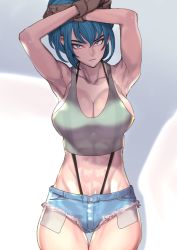 Rule 34 | 1girl, abs, armpits, arms up, bare shoulders, blue eyes, blue hair, breasts, cleavage, collarbone, denim, denim shorts, dytm, gloves, large breasts, leona heidern, looking at viewer, shorts, snk, solo, suspenders, sweat, tank top, the king of fighters, toned