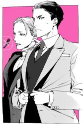 Rule 34 | 2boys, adjusting clothes, buttoned cuffs, closed mouth, collared shirt, commentary request, finger in ear, gamou jirou, greyscale with colored background, hand on own ear, hand up, jacket, joker game, lapels, long sleeves, looking ahead, looking at viewer, male focus, miyoshi (joker game), multiple boys, necktie, open clothes, open jacket, open mouth, pink background, shi646, shirt, short hair, simple background, spoken object, sweatdrop, swept bangs, upper body, vest, waistcoat