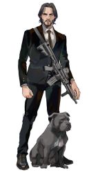 Rule 34 | 1boy, animal, arms at sides, assault rifle, beard, belt, black footwear, black hair, black jacket, black pants, black suit, brown necktie, closed mouth, collared shirt, commentary, ctstudio (executional), dog, facial hair, formal, full body, gun, gun sling, jacket, john wick, john wick (character), looking at viewer, m4 carbine, male focus, mustache, necktie, pants, rifle, serious, shirt, shoes, short hair, simple background, solo, standing, striped necktie, striped neckwear, suit, vertical-striped clothes, vertical-striped necktie, vertical-striped neckwear, weapon, white background, white shirt
