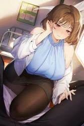 Rule 34 | 1boy, 1girl, adjusting hair, bare shoulders, blush, breasts, brown eyes, brown hair, curvy, evening, highres, huge breasts, infirmary, lab coat, mendou kusai, pantyhose, parted lips, pencil skirt, short hair, skirt, smile, thick thighs, thighs, window
