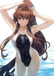 Rule 34 | 1girl, adjusting hair, armpits, breasts, brown hair, closed mouth, collarbone, competition swimsuit, hair intakes, hand in own hair, highres, holding, holding hair, kantai collection, kasumi (skchkko), large breasts, long hair, looking at viewer, one-piece swimsuit, partially submerged, ponytail, red eyes, sidelocks, smile, solo, swimsuit, two-tone swimsuit, very long hair, water, wet, yamato (kancolle)